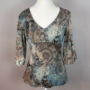 Emma James Womens Brown Boho Lined Paisley Babydoll Bell Sleeve Top LG Y2K Fairy